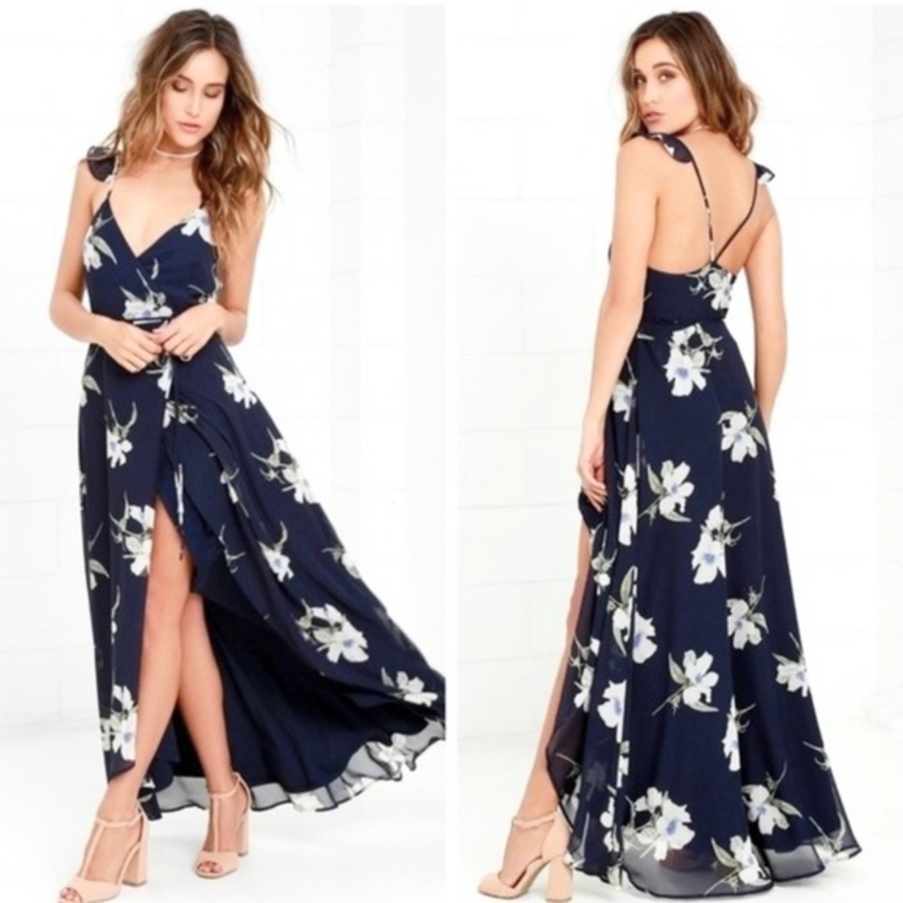 Lulus All Mine Navy Blue Floral Wrap Hi-Low Maxi Dress S